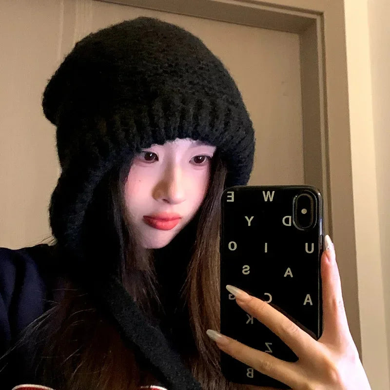 Oversize Thicken Hat Funny Dual Use Bag Hat Wool Winter Warm Pullover Hat Strap Skullie Ear Protection Couple Cap Accessories
