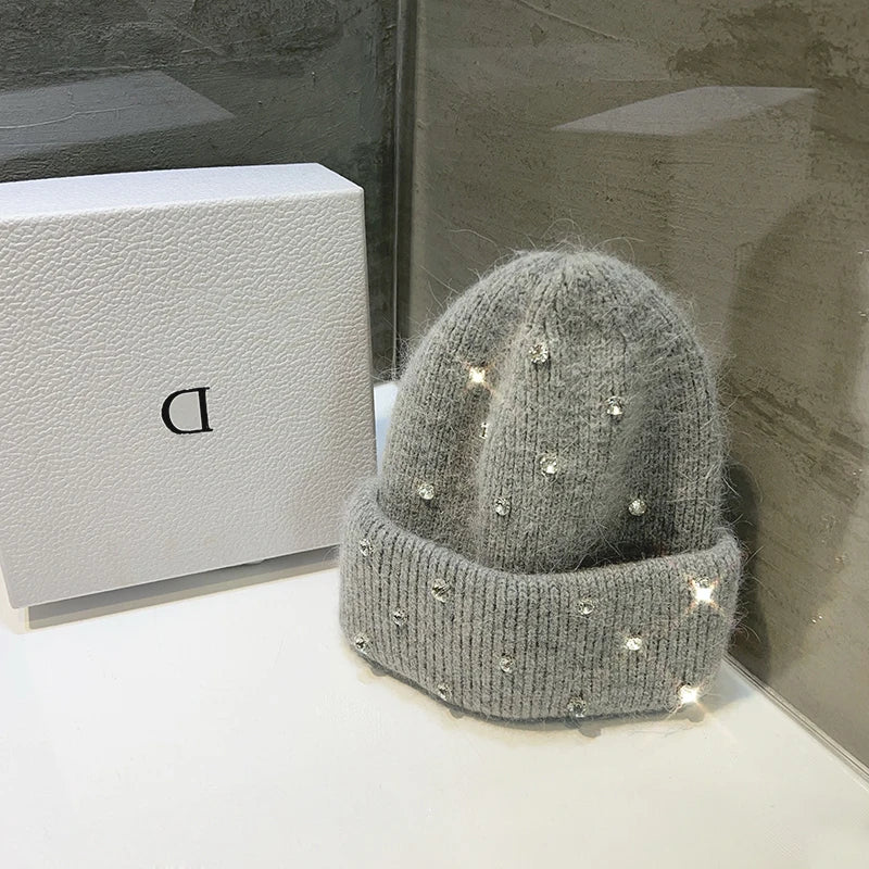 New Autumn And Winter Heavy-Duty Pearl Wool Hat Pearl Fashion Knitted Hat Warm Ear Protection