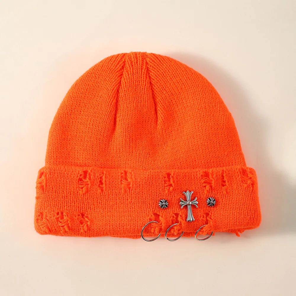 New Unisex Knitted Beanie With Devil Horns Halloween Distressed Skull Cap Hip Hop Winter Warm Yarn Hat For Men Women