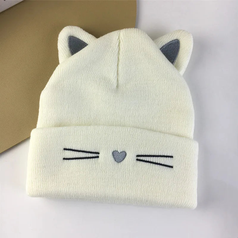 Knitted Hat with Cute Cat Ears Embroidery for Women, Warm and Cold Weather Outdoor Earflap Hat