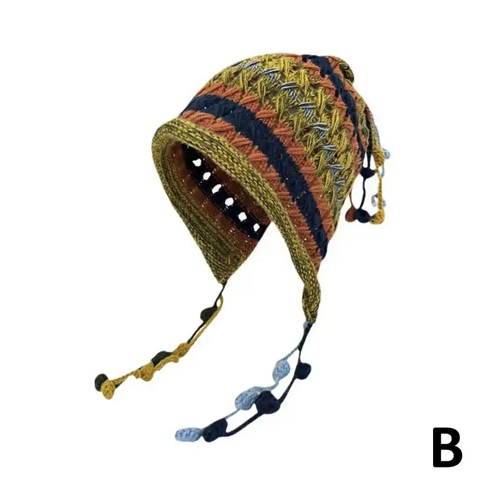 1pc Korean Imitation Handmade Crochet Colored Yarn Hat For Women Winter Fashion Nitted Beanie Cap Hm Earflap Tassel Pompom Hat