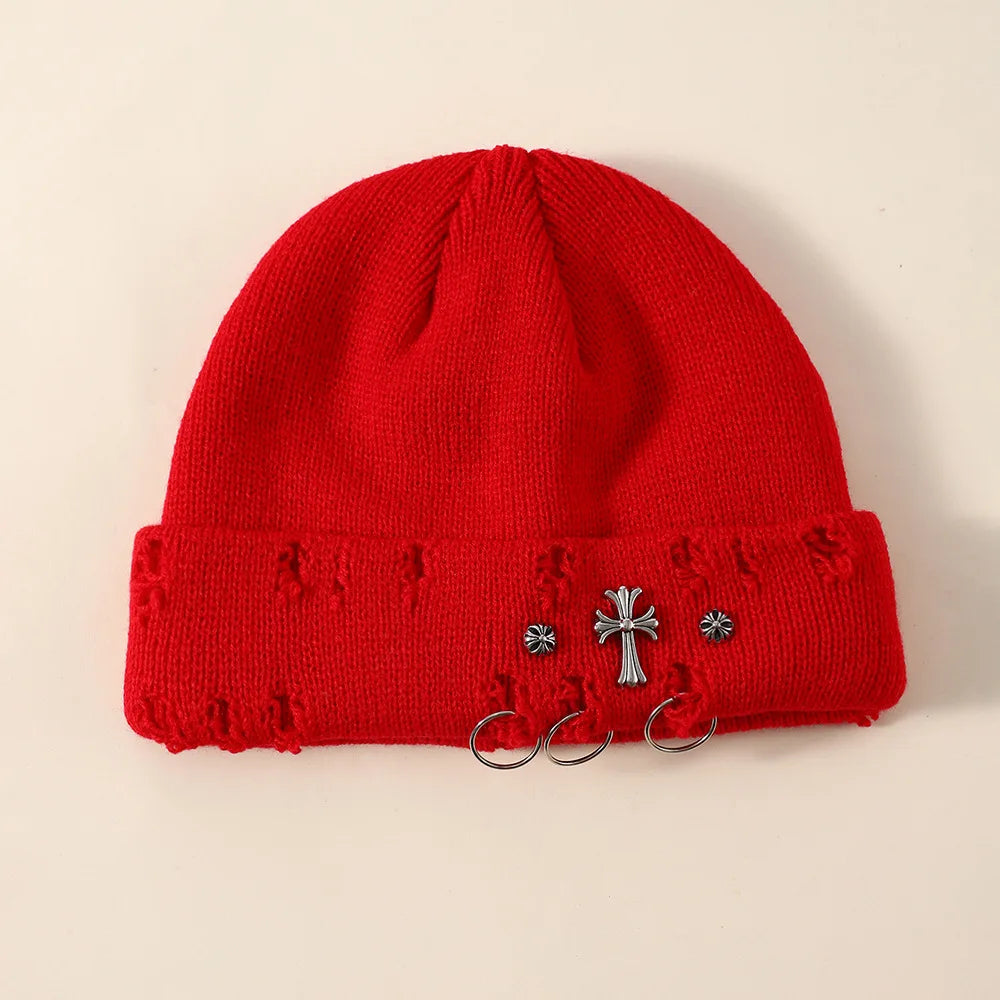 New Unisex Knitted Beanie With Devil Horns Halloween Distressed Skull Cap Hip Hop Winter Warm Yarn Hat For Men Women