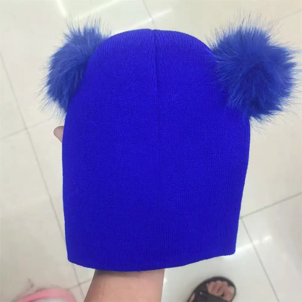 New Women Double Faux Fur Pom Pom Hat Pompom Hat Winter Hats for Women Knitted Beanie Women Girls Winter Caps Skullies Beanies