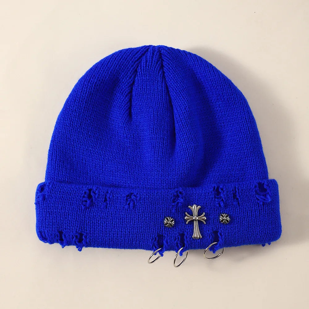 New Unisex Knitted Beanie With Devil Horns Halloween Distressed Skull Cap Hip Hop Winter Warm Yarn Hat For Men Women