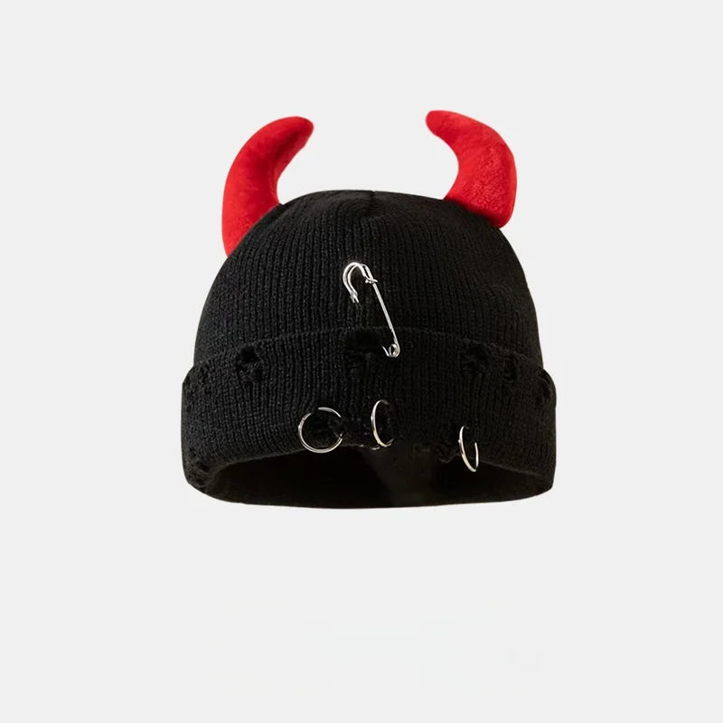 New Unisex Knitted Beanie With Devil Horns Halloween Distressed Skull Cap Hip Hop Winter Warm Yarn Hat For Men Women