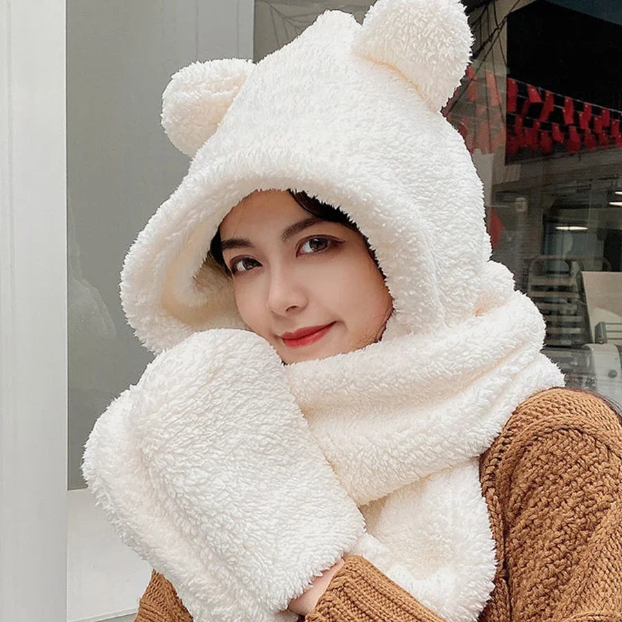 Plush teddy bear hat scarf one-piece women's winter scarf cute winter versatile cycling warmth with plush ear protection hood