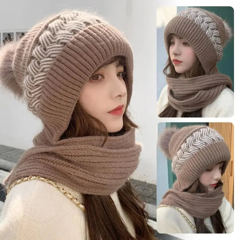 Hat scarf All-in-one  Winter Thickened Warm Double Warm Padded Windproof Comfortable Warm Knitted Hat Fits Women