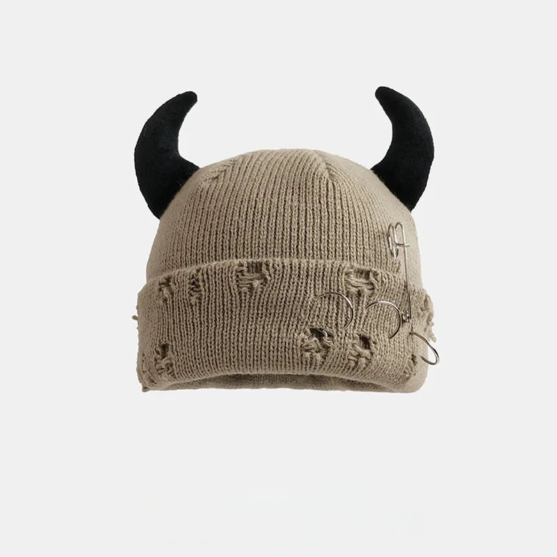 New Unisex Knitted Beanie With Devil Horns Halloween Distressed Skull Cap Hip Hop Winter Warm Yarn Hat For Men Women