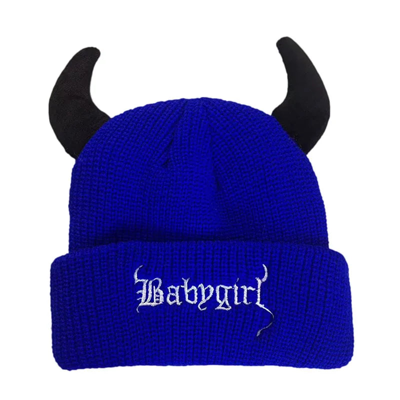 New Unisex Knitted Beanie With Devil Horns Halloween Distressed Skull Cap Hip Hop Winter Warm Yarn Hat For Men Women