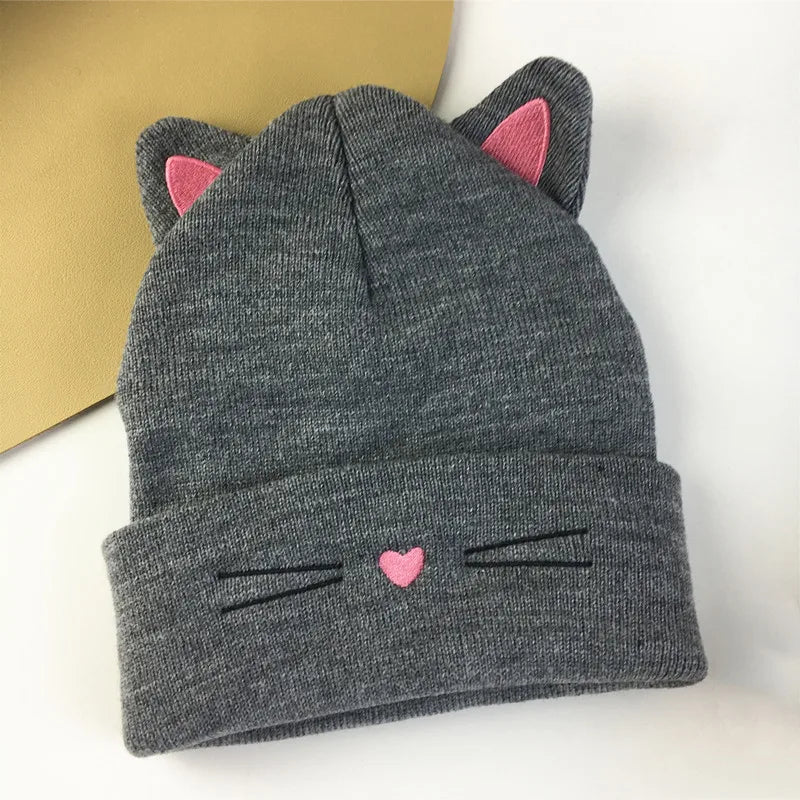Knitted Hat with Cute Cat Ears Embroidery for Women, Warm and Cold Weather Outdoor Earflap Hat