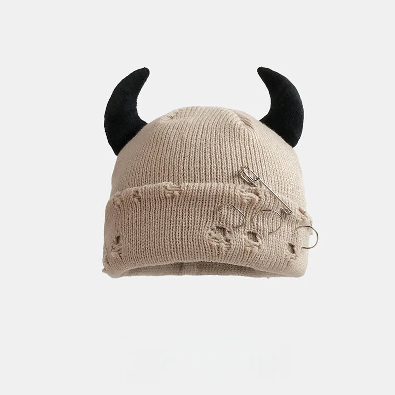 New Unisex Knitted Beanie With Devil Horns Halloween Distressed Skull Cap Hip Hop Winter Warm Yarn Hat For Men Women