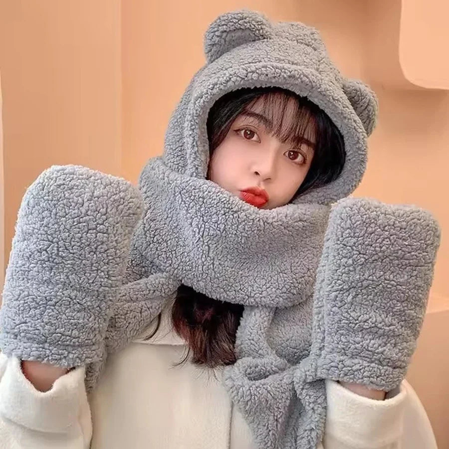Plush teddy bear hat scarf one-piece women's winter scarf cute winter versatile cycling warmth with plush ear protection hood