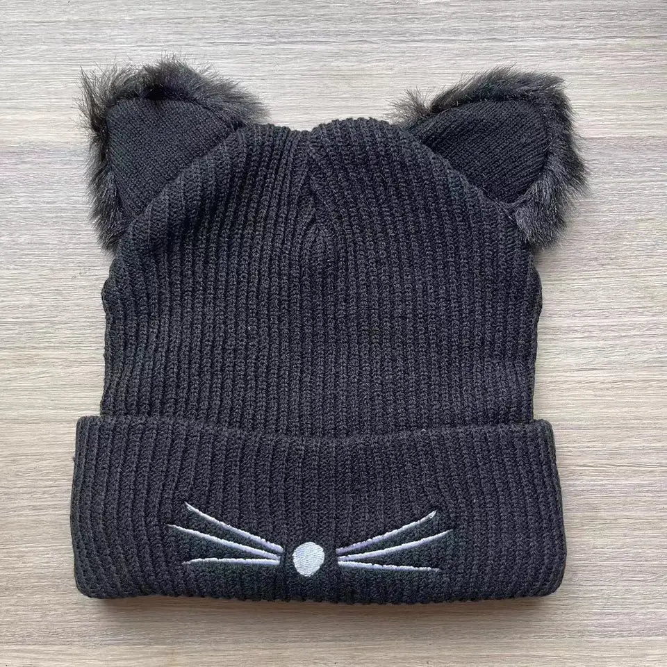 New Cat Solid Color Ear Knitted Hat Embroidered Yarn Hat Cute Autumn and Winter Warm Pullover Hat Versatile Cold Hat