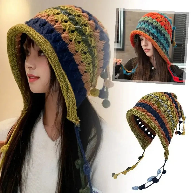 1pc Korean Imitation Handmade Crochet Colored Yarn Hat For Women Winter Fashion Nitted Beanie Cap Hm Earflap Tassel Pompom Hat