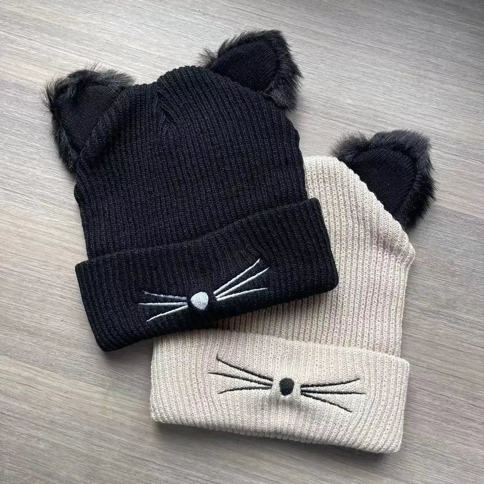 New Cat Solid Color Ear Knitted Hat Embroidered Yarn Hat Cute Autumn and Winter Warm Pullover Hat Versatile Cold Hat