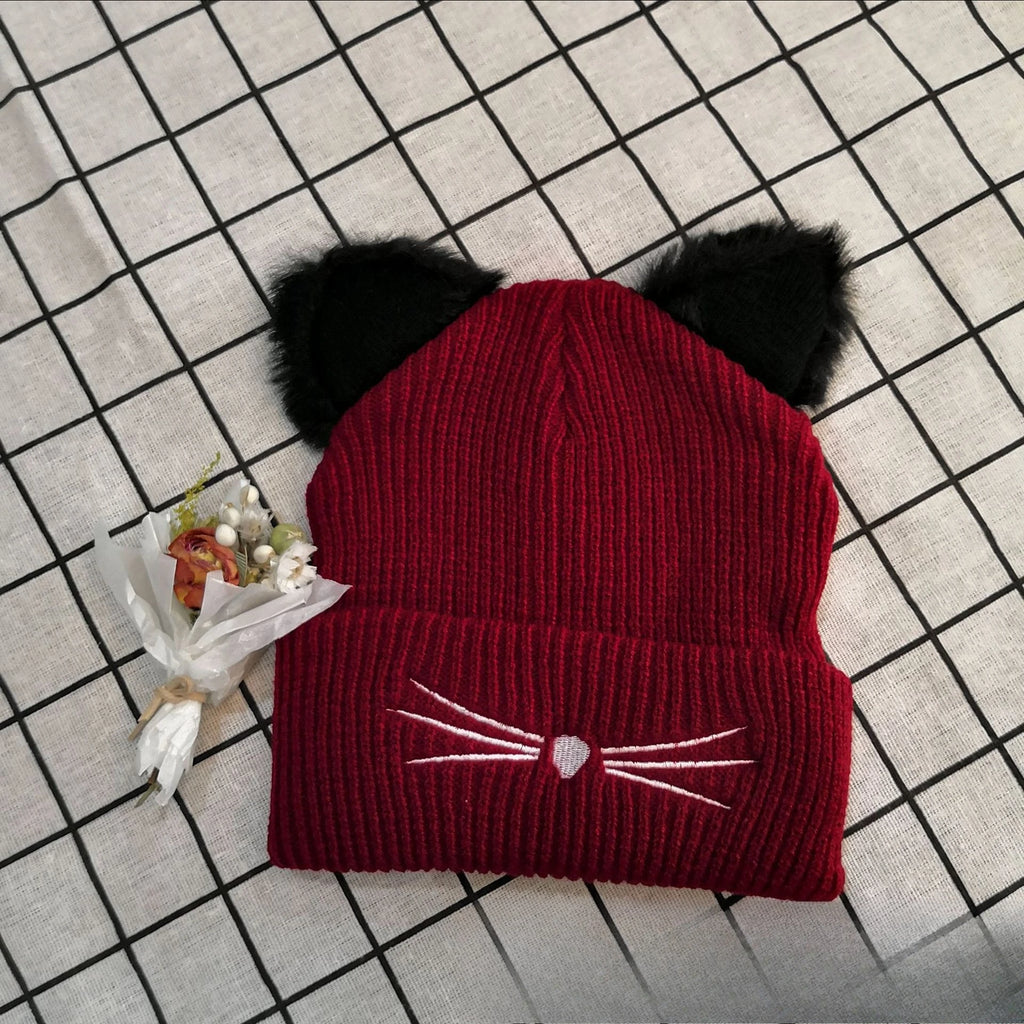 New Cat Solid Color Ear Knitted Hat Embroidered Yarn Hat Cute Autumn and Winter Warm Pullover Hat Versatile Cold Hat
