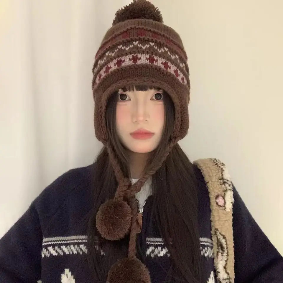 Fashion Warm Jacquard Knitted Hat Wool Printed Printing Knit Cap Cute Vintage Fair Isle Style Beanies Apparel Accessories