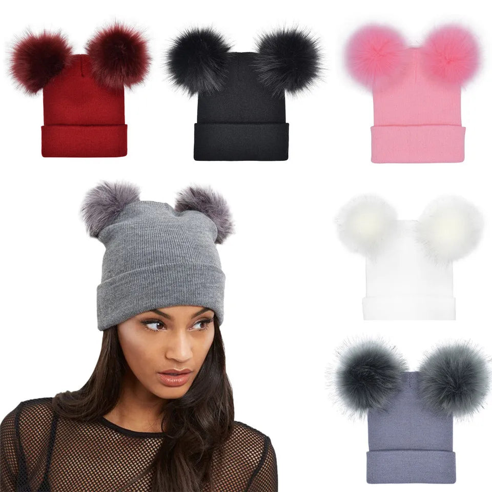 New Women Double Faux Fur Pom Pom Hat Pompom Hat Winter Hats for Women Knitted Beanie Women Girls Winter Caps Skullies Beanies