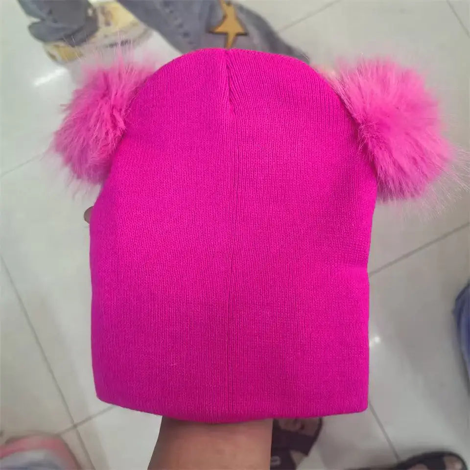 New Women Double Faux Fur Pom Pom Hat Pompom Hat Winter Hats for Women Knitted Beanie Women Girls Winter Caps Skullies Beanies