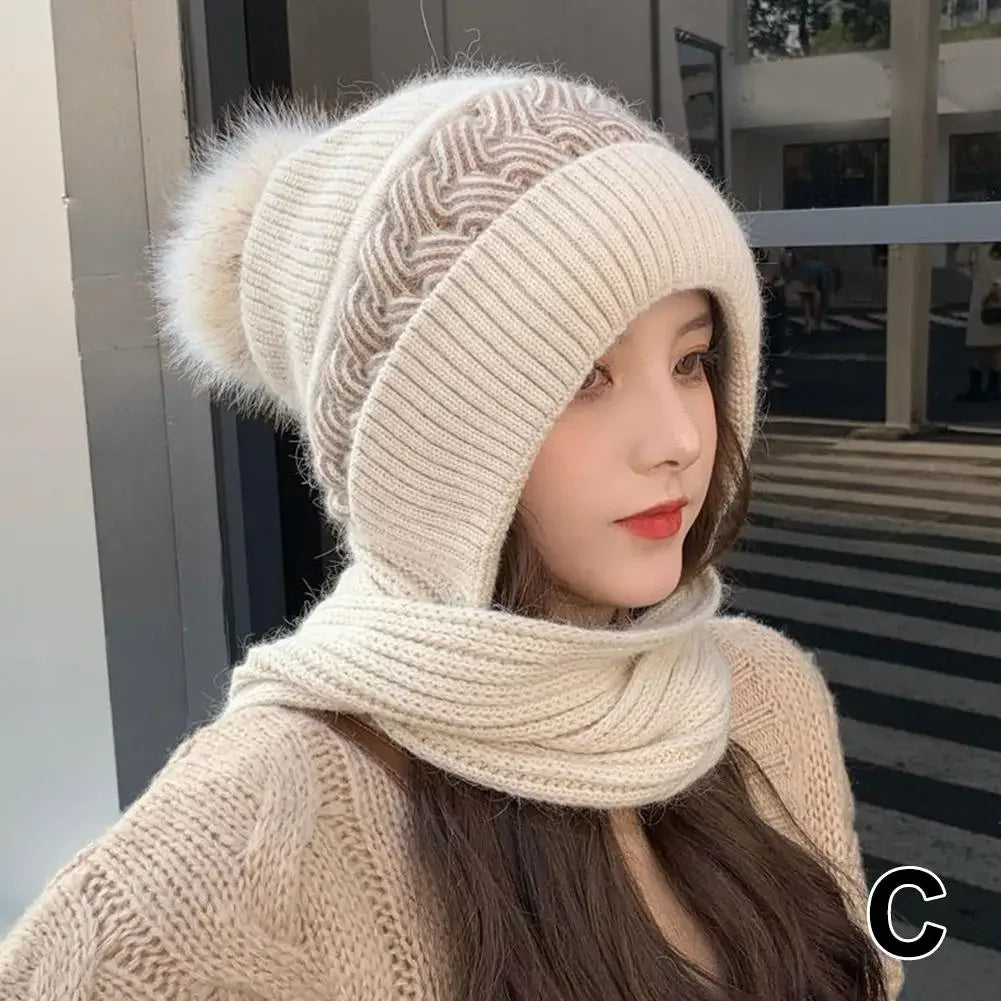 Hat scarf All-in-one  Winter Thickened Warm Double Warm Padded Windproof Comfortable Warm Knitted Hat Fits Women
