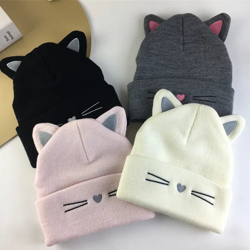 Knitted Hat with Cute Cat Ears Embroidery for Women, Warm and Cold Weather Outdoor Earflap Hat