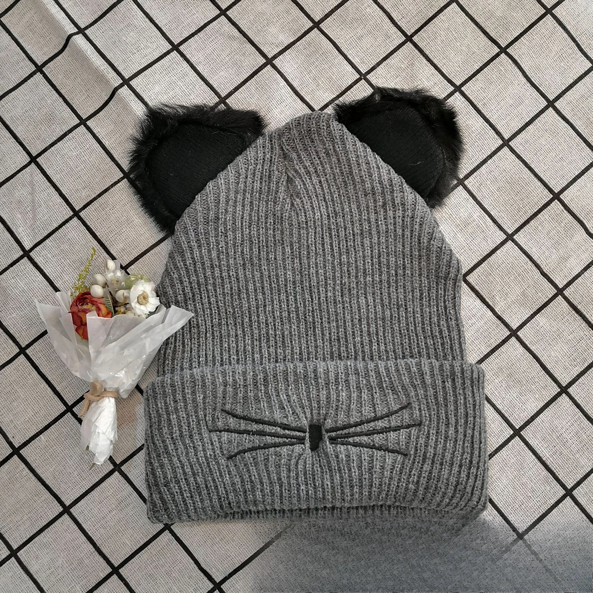 New Cat Solid Color Ear Knitted Hat Embroidered Yarn Hat Cute Autumn and Winter Warm Pullover Hat Versatile Cold Hat