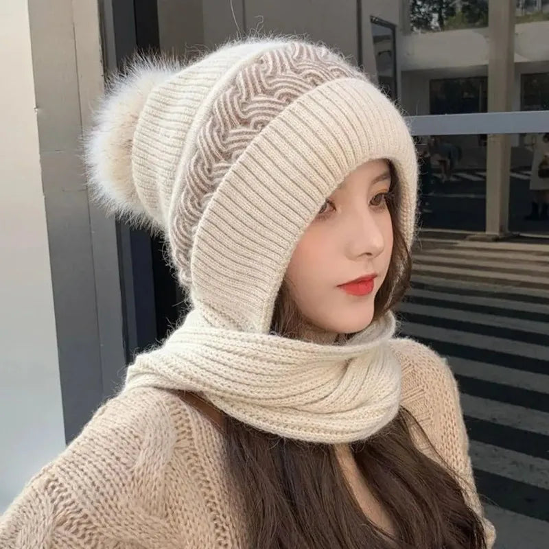 Hat scarf All-in-one  Winter Thickened Warm Double Warm Padded Windproof Comfortable Warm Knitted Hat Fits Women