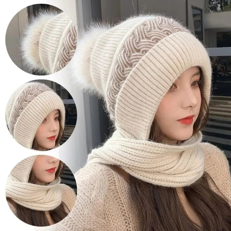 Hat scarf All-in-one  Winter Thickened Warm Double Warm Padded Windproof Comfortable Warm Knitted Hat Fits Women