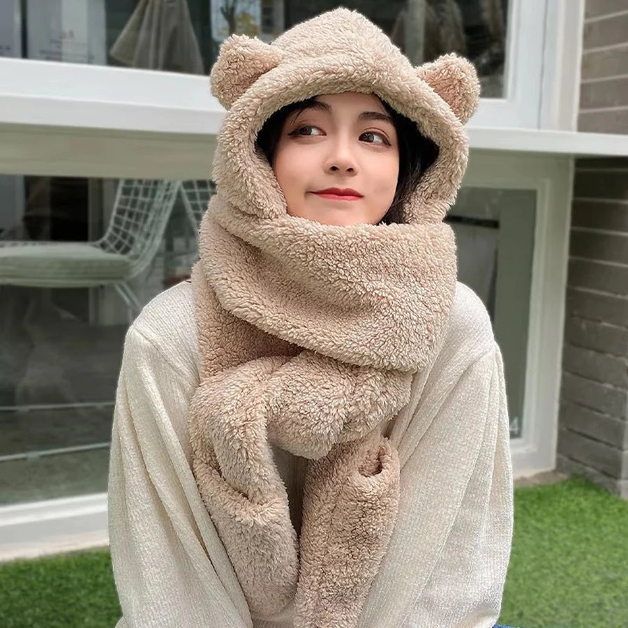 Plush teddy bear hat scarf one-piece women's winter scarf cute winter versatile cycling warmth with plush ear protection hood