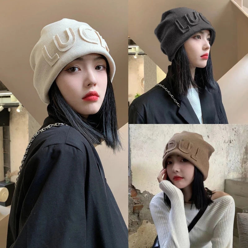 Men's and Women's Fashion Big Head Round Pile Cap Winter Letters Lazy American Cold Cap Loose Bag Head Cap Beanies Hat Stool Hat