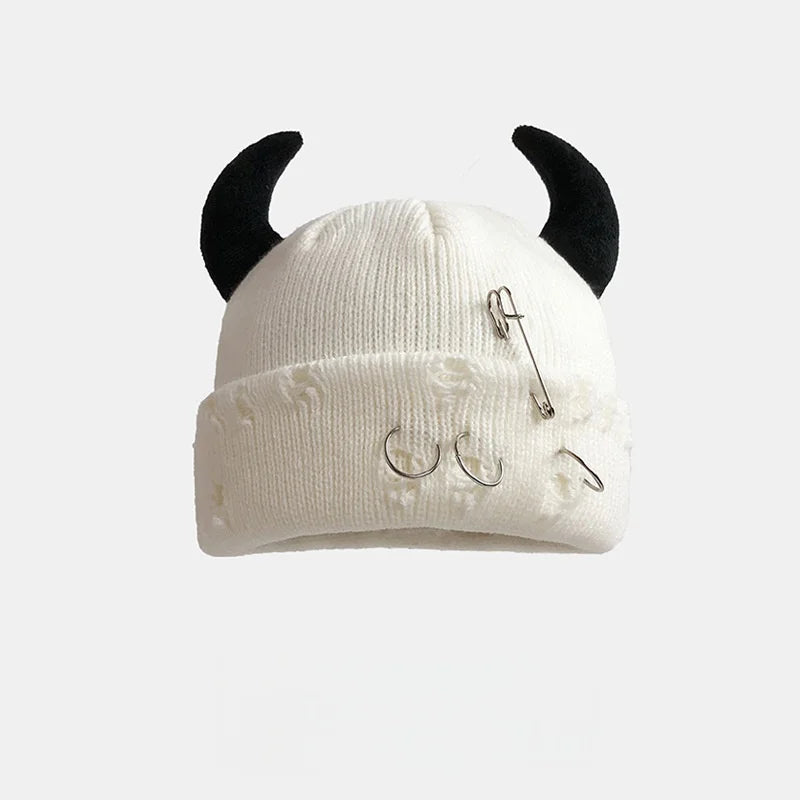 New Unisex Knitted Beanie With Devil Horns Halloween Distressed Skull Cap Hip Hop Winter Warm Yarn Hat For Men Women