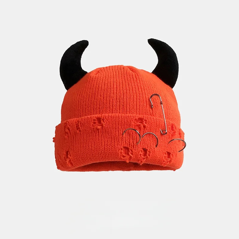 New Unisex Knitted Beanie With Devil Horns Halloween Distressed Skull Cap Hip Hop Winter Warm Yarn Hat For Men Women