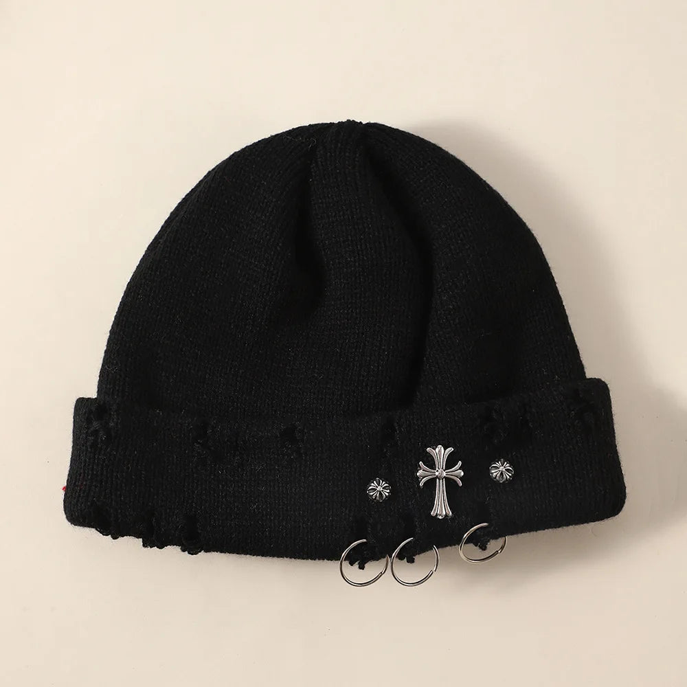 New Unisex Knitted Beanie With Devil Horns Halloween Distressed Skull Cap Hip Hop Winter Warm Yarn Hat For Men Women