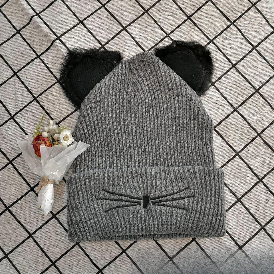 New Cat Solid Color Ear Knitted Hat Embroidered Yarn Hat Cute Autumn and Winter Warm Pullover Hat Versatile Cold Hat