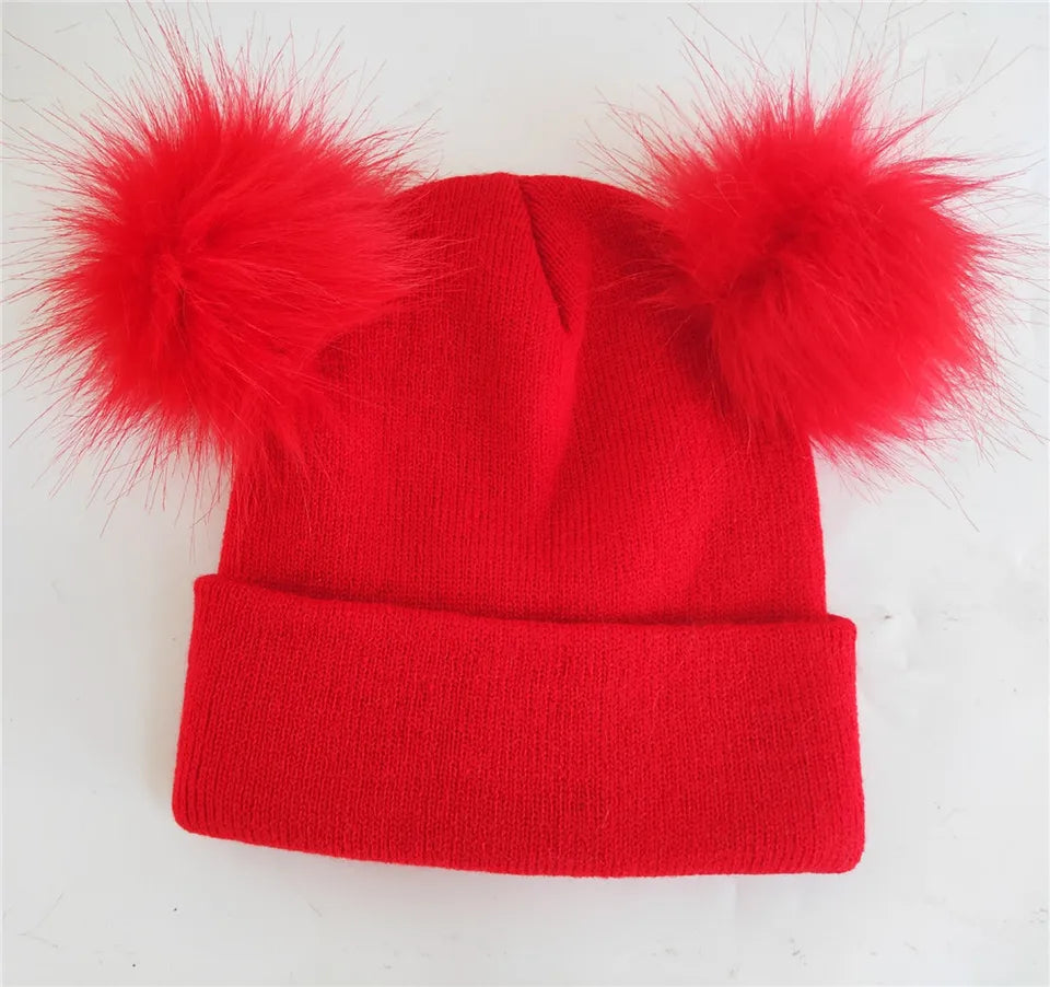 New Women Double Faux Fur Pom Pom Hat Pompom Hat Winter Hats for Women Knitted Beanie Women Girls Winter Caps Skullies Beanies