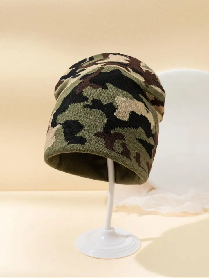 Camouflage Knitted Hat Color blocked Autumn and Winter New Warm Hip Hop Multi functional Street Fashion Outdoor Retro Urine Hat