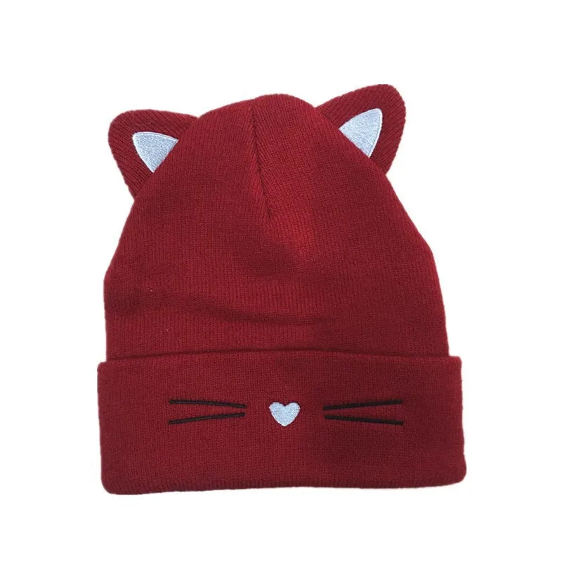 Knitted Hat with Cute Cat Ears Embroidery for Women, Warm and Cold Weather Outdoor Earflap Hat