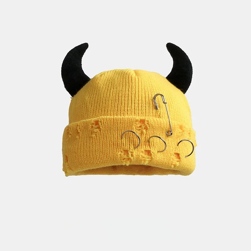 New Unisex Knitted Beanie With Devil Horns Halloween Distressed Skull Cap Hip Hop Winter Warm Yarn Hat For Men Women
