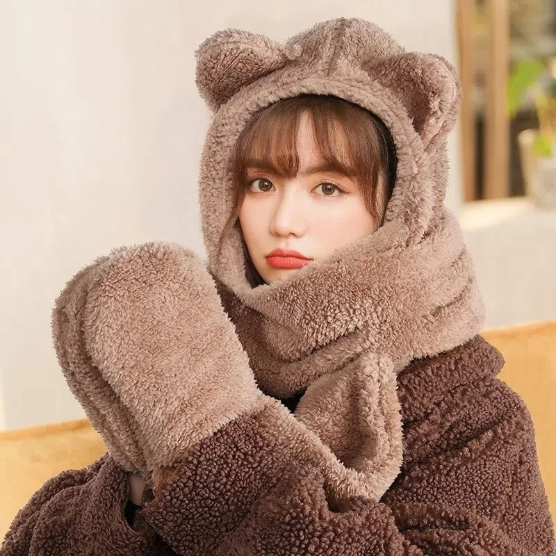 Plush teddy bear hat scarf one-piece women's winter scarf cute winter versatile cycling warmth with plush ear protection hood