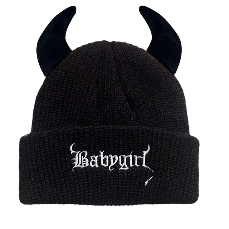 New Unisex Knitted Beanie With Devil Horns Halloween Distressed Skull Cap Hip Hop Winter Warm Yarn Hat For Men Women