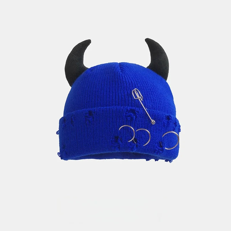 New Unisex Knitted Beanie With Devil Horns Halloween Distressed Skull Cap Hip Hop Winter Warm Yarn Hat For Men Women