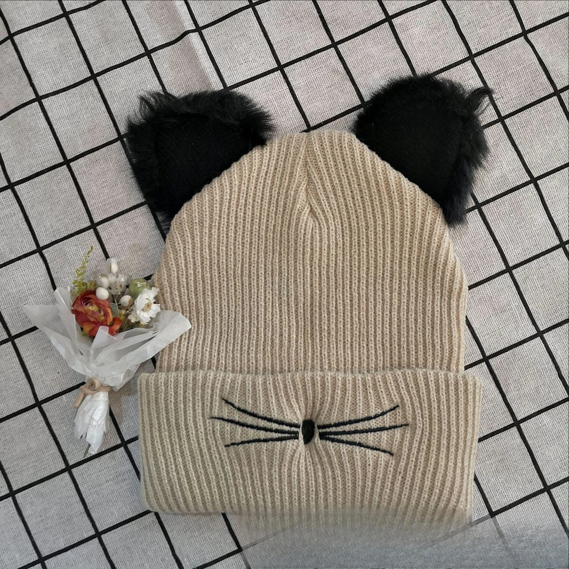 New Cat Solid Color Ear Knitted Hat Embroidered Yarn Hat Cute Autumn and Winter Warm Pullover Hat Versatile Cold Hat
