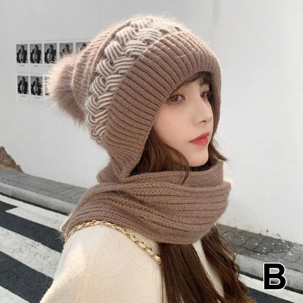 Hat scarf All-in-one  Winter Thickened Warm Double Warm Padded Windproof Comfortable Warm Knitted Hat Fits Women