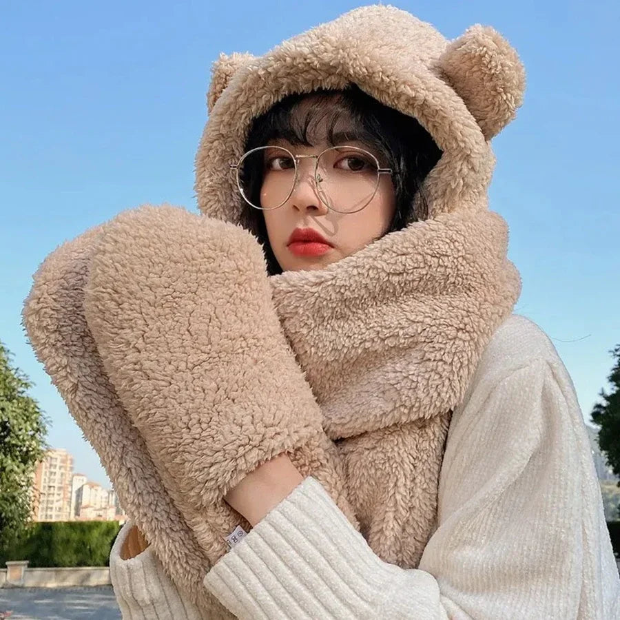 Plush teddy bear hat scarf one-piece women's winter scarf cute winter versatile cycling warmth with plush ear protection hood