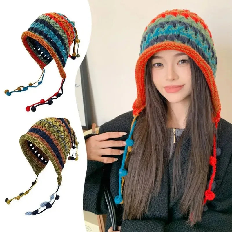 1pc Korean Imitation Handmade Crochet Colored Yarn Hat For Women Winter Fashion Nitted Beanie Cap Hm Earflap Tassel Pompom Hat