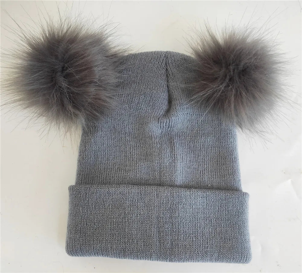 New Women Double Faux Fur Pom Pom Hat Pompom Hat Winter Hats for Women Knitted Beanie Women Girls Winter Caps Skullies Beanies