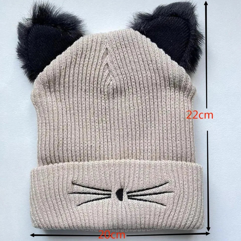 New Cat Solid Color Ear Knitted Hat Embroidered Yarn Hat Cute Autumn and Winter Warm Pullover Hat Versatile Cold Hat
