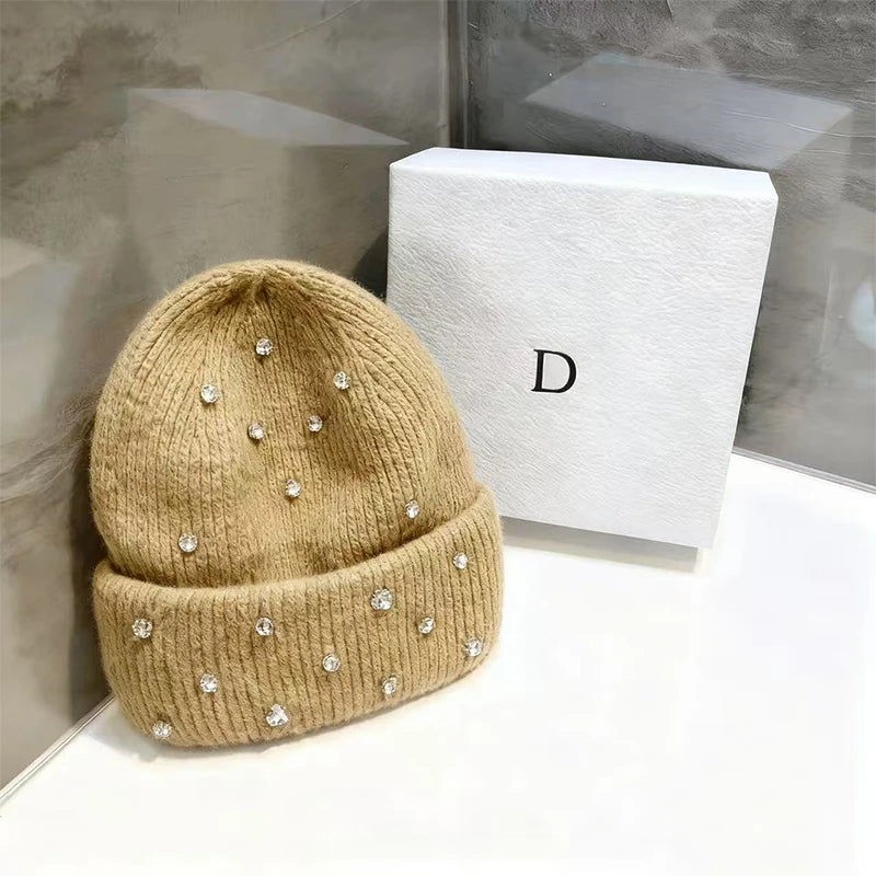 New Autumn And Winter Heavy-Duty Pearl Wool Hat Pearl Fashion Knitted Hat Warm Ear Protection