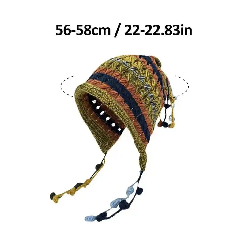 1pc Korean Imitation Handmade Crochet Colored Yarn Hat For Women Winter Fashion Nitted Beanie Cap Hm Earflap Tassel Pompom Hat