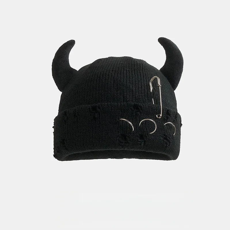 New Unisex Knitted Beanie With Devil Horns Halloween Distressed Skull Cap Hip Hop Winter Warm Yarn Hat For Men Women